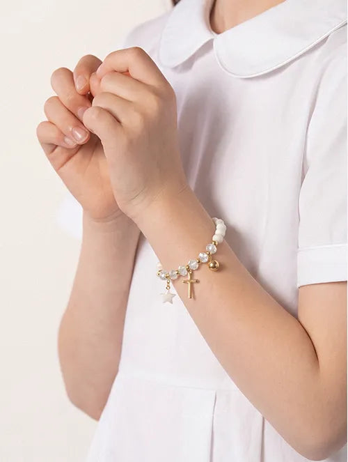 Pulsera Elástica Trinidad Handmade con Mostacillas Checas y Dijes de Acero Inox Baño Dorado | Steelo Joyas