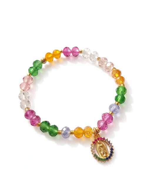 Pulsera Elástica Lupita Handmade con Mostacillas Checas y Dije de Cobre Baño Dorado con Cristales de Colores | Steelo Joyas