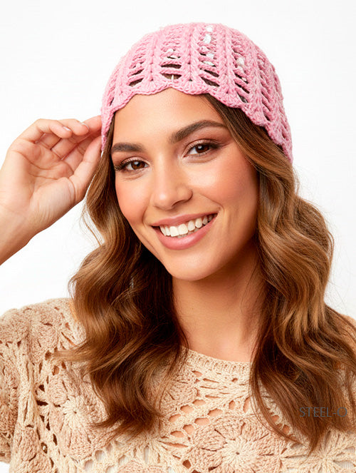 Gorro Casquette Mesh Hat Tejido a mano hilo algodón Rosado lentejuelas