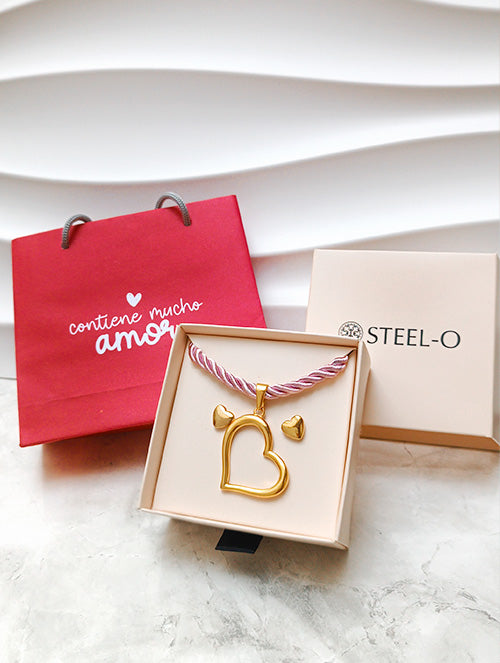 Conjunto de Collar Cordón y Aretes Corazón Acero Quirúrgico 316L