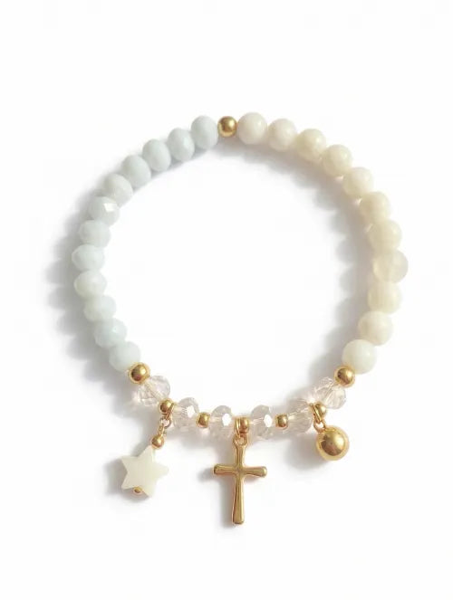 Pulsera Elástica Trinidad Handmade con Mostacillas Checas y Dijes de Acero Inox Baño Dorado | Steelo Joyas