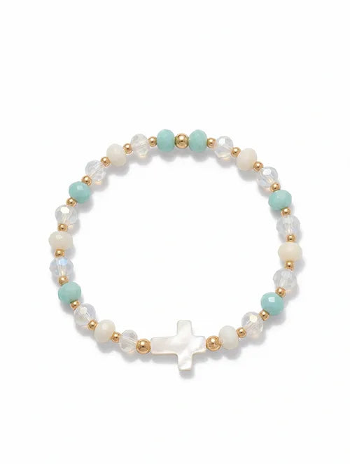 Pulsera Elástica Nazareth Handmade con Mostacillas Checas y Dijes de Acero Inox Baño Dorado | Steelo Joyas