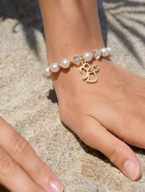 Pulsera Elástica Ángel Handmade con Perlas Finas, Muranos, Mostacillas Checas y Dije de Acero Quirúrgico 316L Baño Dorado | Steelo Joyas