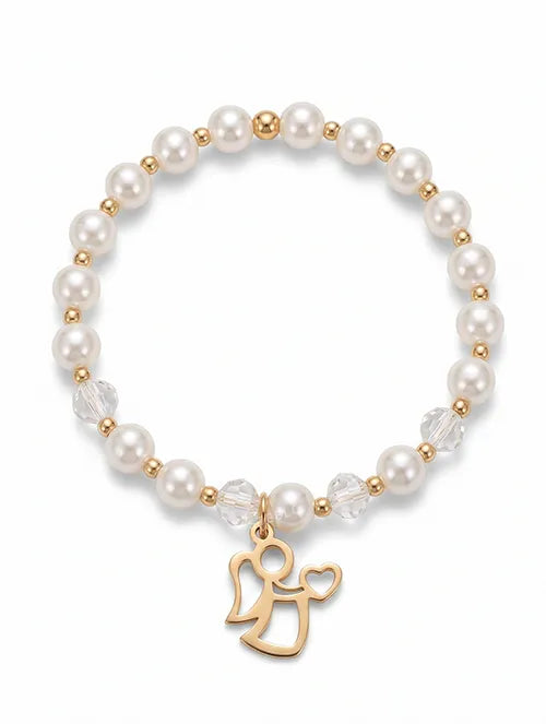Pulsera Elástica Ángel Handmade con Perlas Finas, Muranos, Mostacillas Checas y Dije de Acero Quirúrgico 316L Baño Dorado | Steelo Joyas