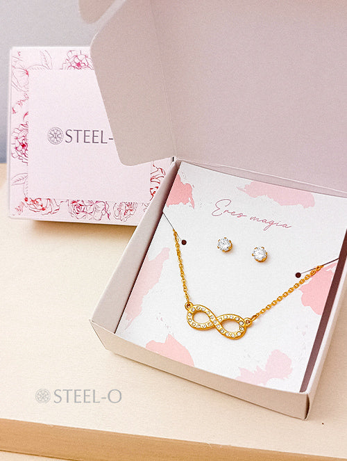 Set Conjunto Acero Dorado Collar Infinito y Aretes de Cristal Brillos