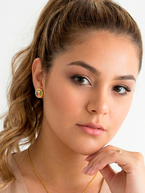 Aretes Pegados Virgen de Guadalupe Acero Quirúrgico Baño Oro 18k