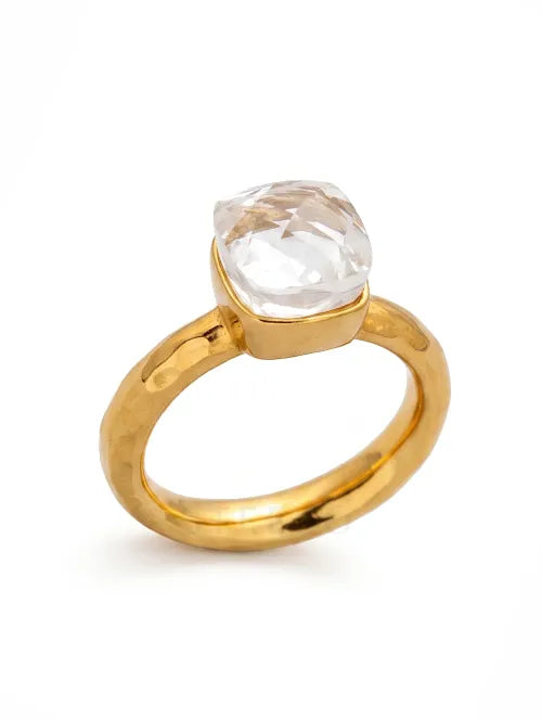 Anillo Facetado de Acero Baño Dorado y Cristal