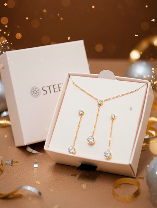 Conjunto de Collar y Aretes Punto de Luz Acero Quirúrgico Baño Oro 18k