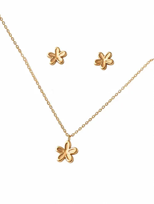 Conjunto Flor Sakura de Acero Quirúrgico 316L Waterproof con Baño PVD de Oro 18K