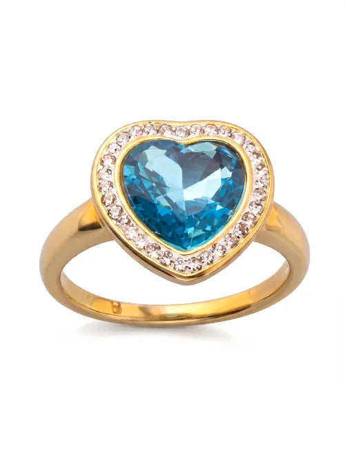 Anillo Corazón Turquesa de Acero Quirúrgico 316L con Baño PVD Oro 18k y Cristales | Steelo Joyas