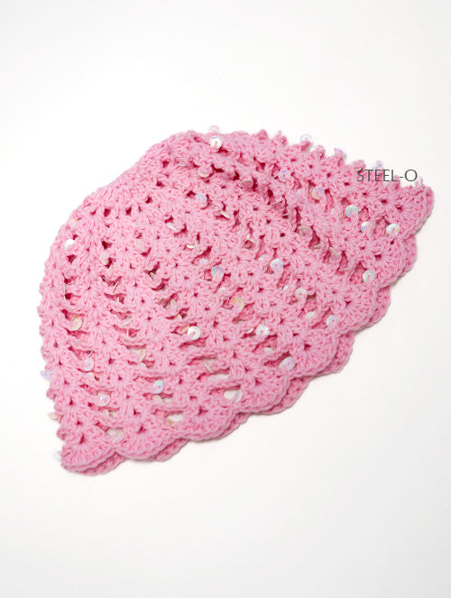 Gorro Casquette Mesh Hat Tejido a mano hilo algodón Rosado lentejuelas