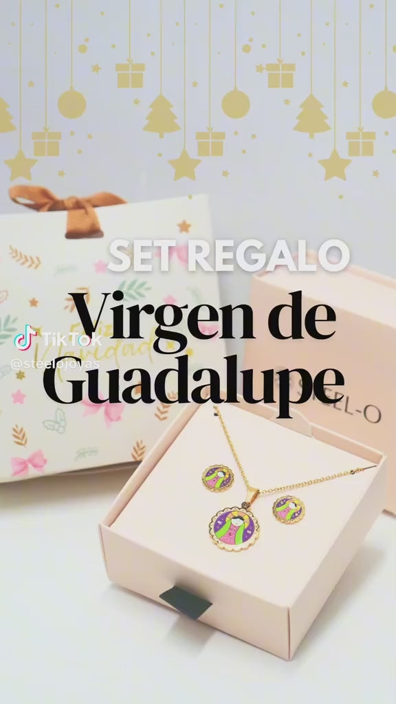 Conjunto de Collar y Aretes Virgen de Guadalupe Lupita Acero Quirúrgico Baño Oro 18k