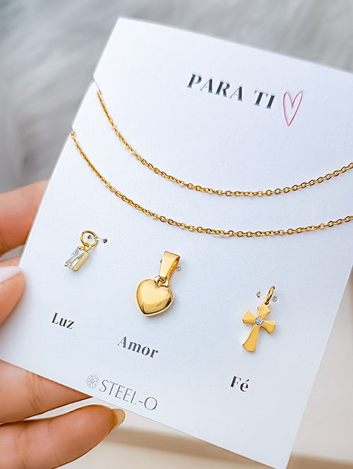 Set de Dijes y Cadena Dorado para Mamá Luz, Amor y Fe