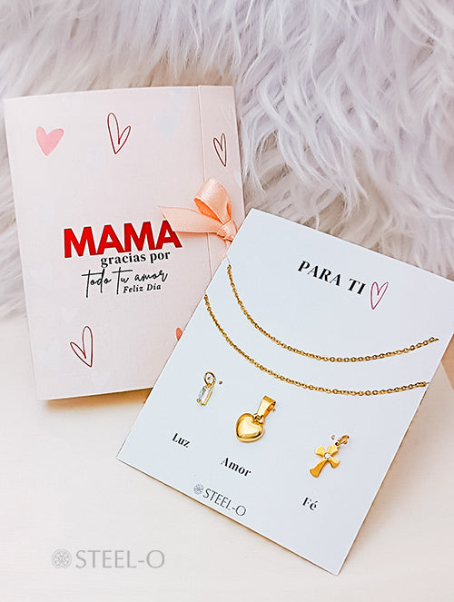 Set de Dijes y Cadena Dorado para Mamá Luz, Amor y Fe