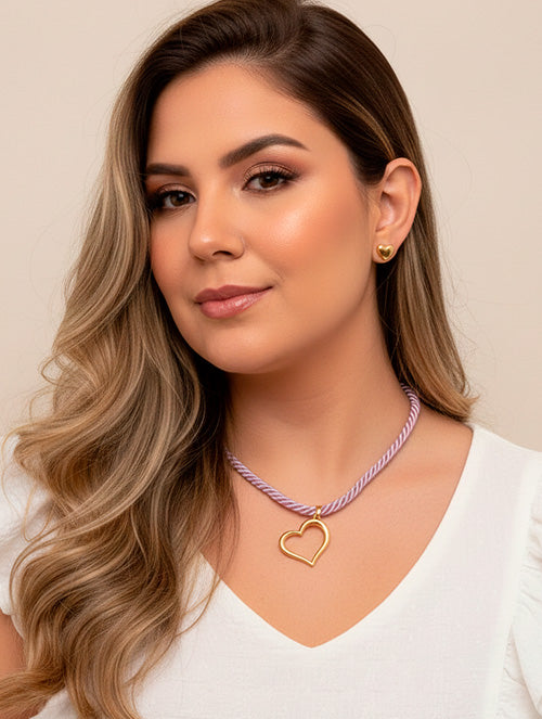 Conjunto de Collar Cordón y Aretes Corazón Acero Quirúrgico 316L