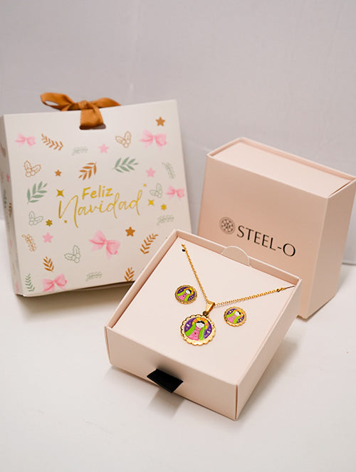 Conjunto de Collar y Aretes Virgen de Guadalupe Lupita Acero Quirúrgico Baño Oro 18k